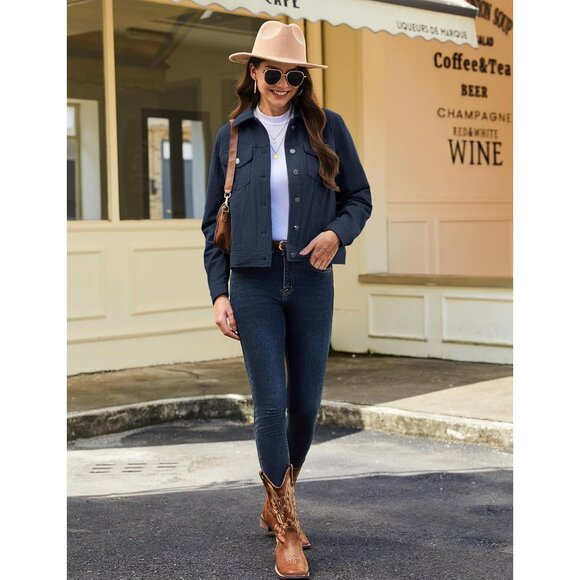 Women Navy Corduroy Cropped Shacket Button Down Long Sleeve Casual Coat - Picture 2 of 6